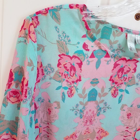 Forever 21 Women's Hi Lo Semi Sheer Turquoise Floral Shirt Top Blouse Cover Up - Picture 3 of 13